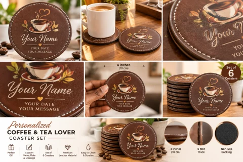 Coffee & Tea Lover Personalized Coaster Set of 6 — Photo 6