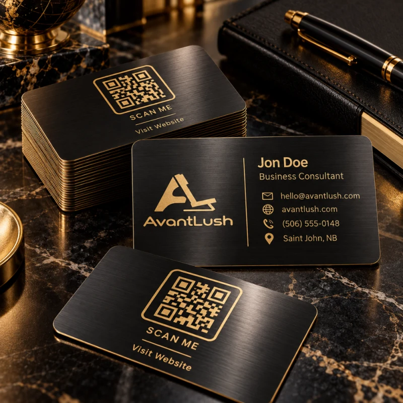 Black & Gold Brushed Metallic QR Code Business Cards