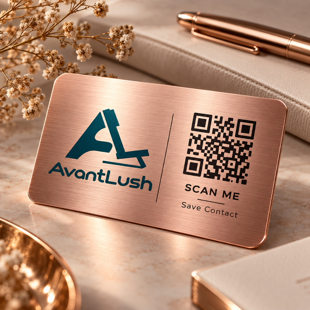 Rose Gold Brushed Metallic QR Code Business Cards