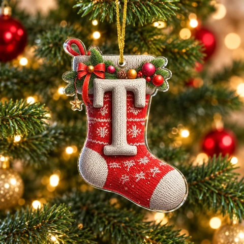 Letter T Knitted Stocking Acrylic Christmas Ornament — Photo 1
