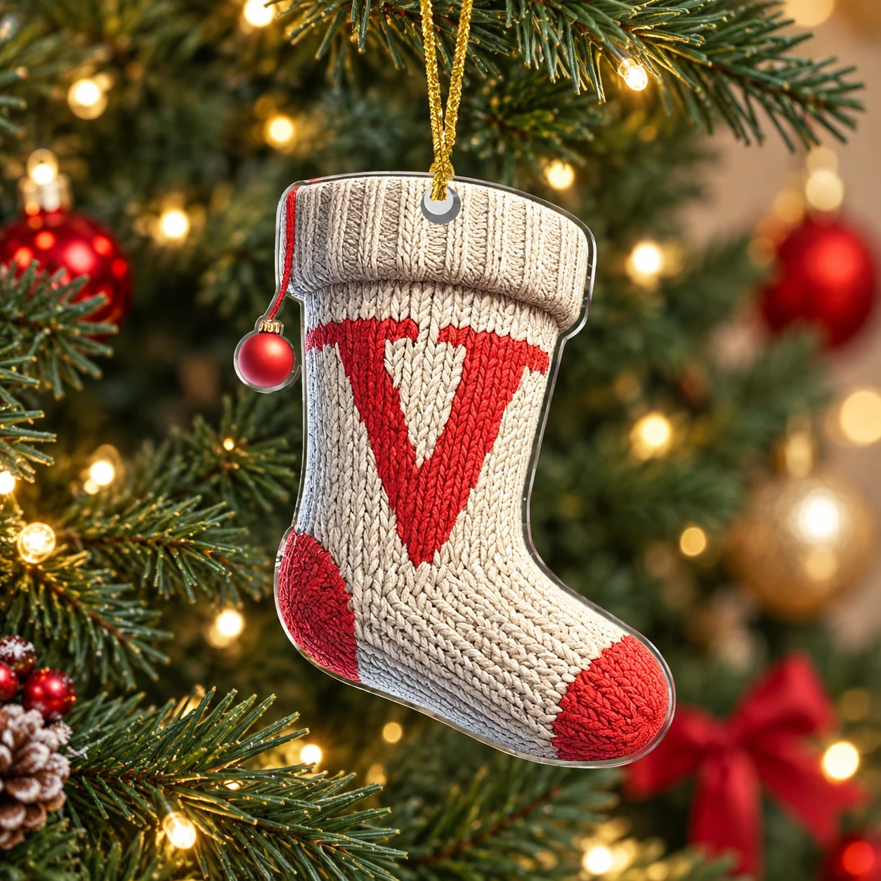 Letter V Knitted Stocking Acrylic Christmas Ornament
